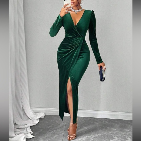 Luxe green surplice neck long sleeve wrap party formal wedding dress - Picture 6 of 6